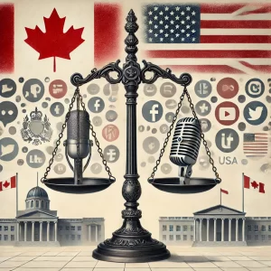 DALL·E 2024-09-10 23.27.08 - A neutral image symbolizing the balance of free speech and regulation, incorporating symbols from Canada, the UK, and the USA_ Scales of justice in th