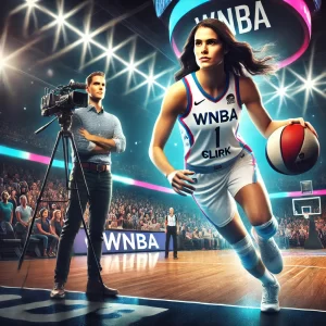 DALL·E 2024-09-11 09.55.17 - A feature image for an article about Caitlin Clark's impact on the WNBA. The image shows a confident Caitlin Clark in action on a basketball court, dr