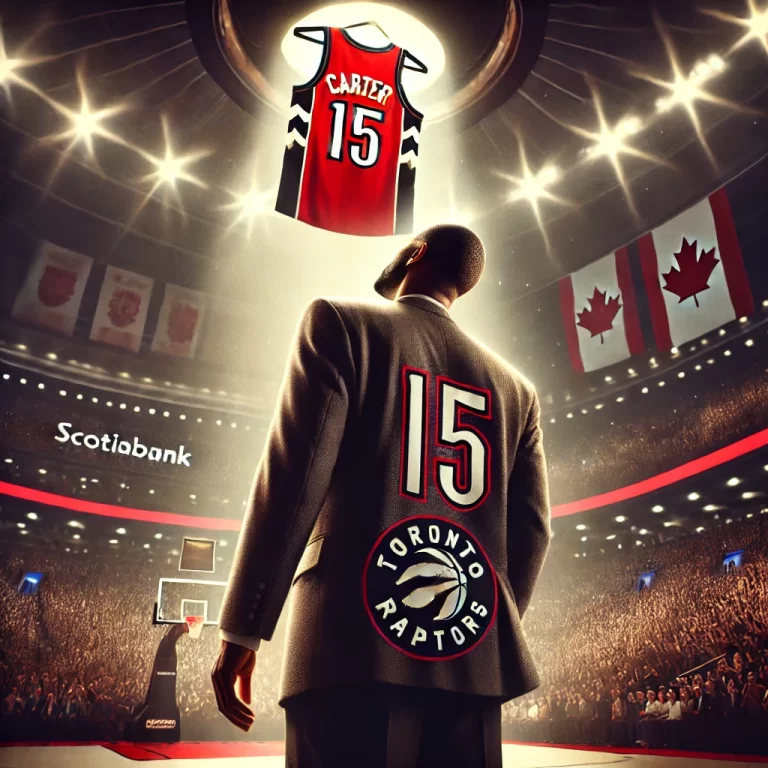 DALL·E 2024-10-02 16.52.32 - A dramatic feature image for an article about Vince Carter's jersey number retirement by the Toronto Raptors. The image shows Vince Carter standing on