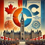 DALL·E 2024-09-11 10.32.11 - A political-themed image representing the Canadian political landscape. The image should feature symbols of the three main political parties_ the Libe