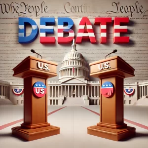 DALL·E 2024-09-11 11.58.38 - A political debate-themed image featuring two podiums on opposite sides, symbolizing a heated exchange. The backdrop should include the National Const